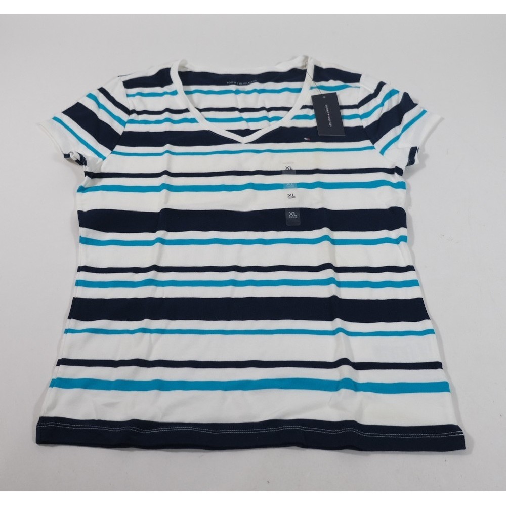 Tommy Hilfiger Top Womens XL White Blue Striped V-Neck Casual Short Sleeve Tee